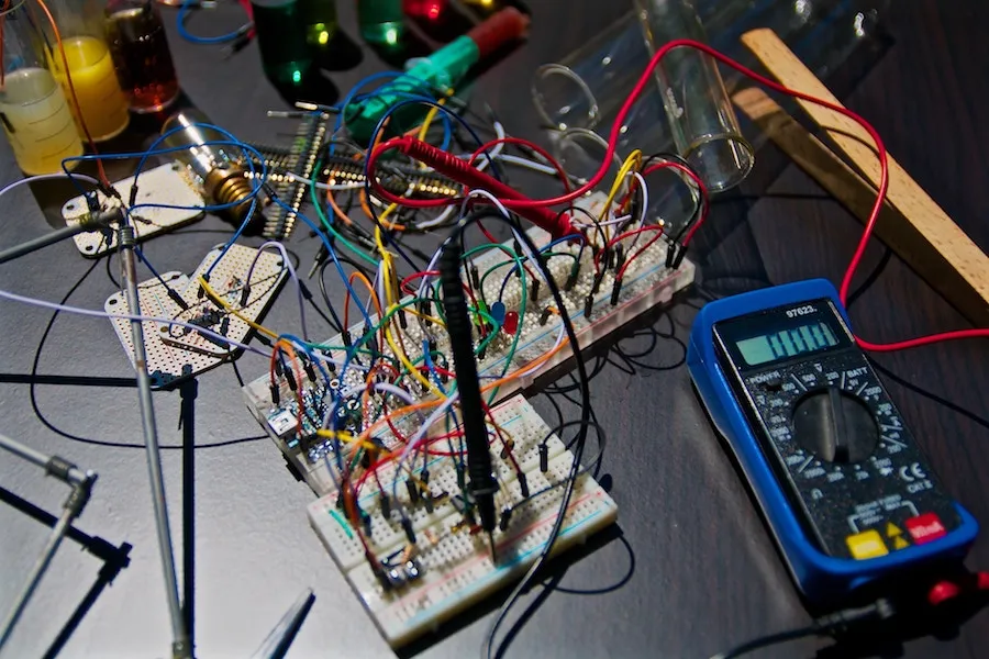 a mess of circuit boards and electronics