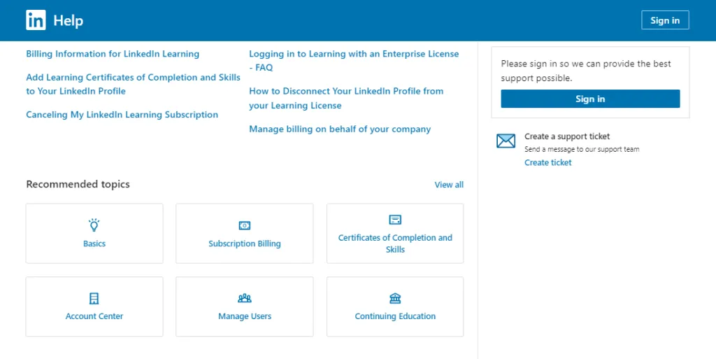 linkedin learning help page with all the topics you might need help with
