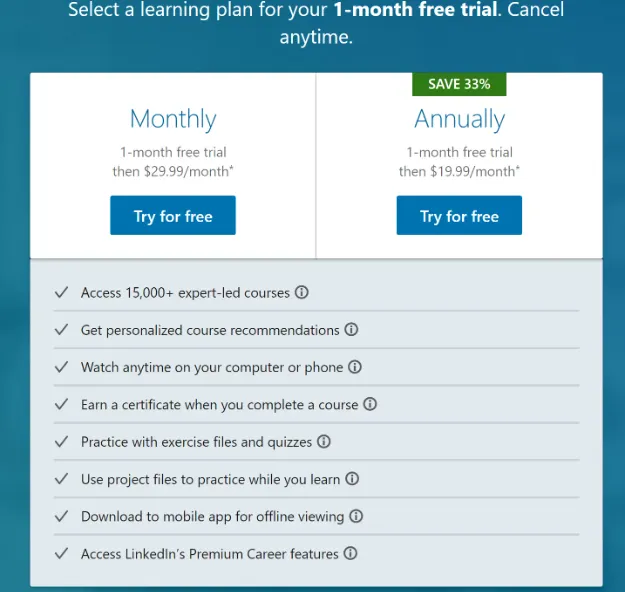 linkedin-learning-price for montly and annually subscription