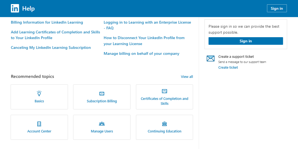 linkedin learning help page with all the topics you might need help with
